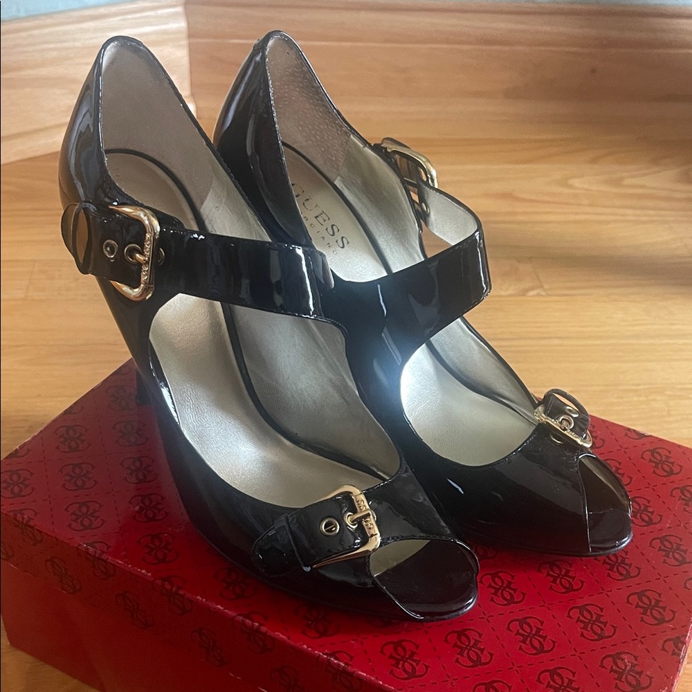 Guess Black Patent Leather Heels with Gold Buckles
